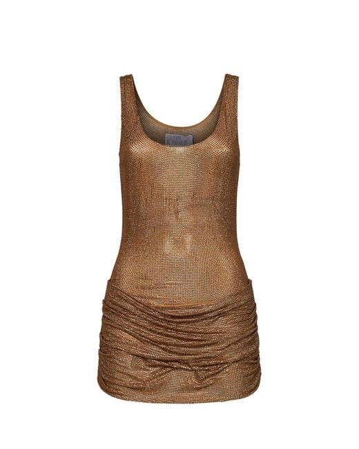 GIUSEPPE DI MORABITO Brown Crystal-Embellished Tulle Draped Mini Dress