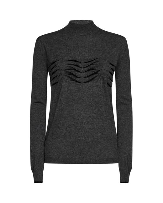 Jil Sander Black Anthracite Wool And Cashmere Knit Sweater With Pleats Detail