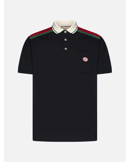 Gucci Black Brand-appliqué Striped-trim Cotton-jersey Polo Shirt for men