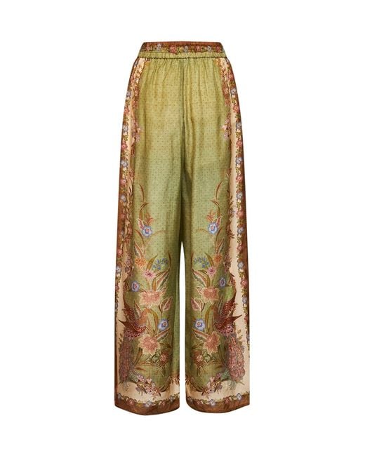 Zimmermann Green Khaki Floral Scarf-Print Silk Habotai Indra Relaxed Trousers