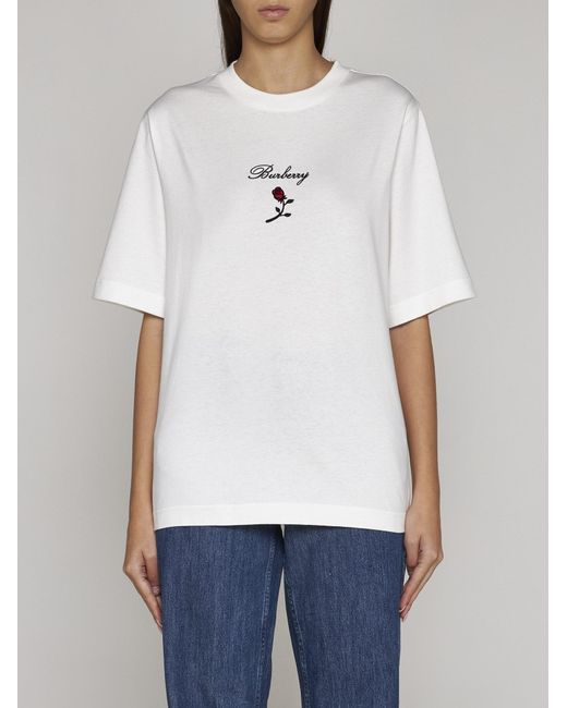 Burberry White Logo And Rose Cotton T-shirt