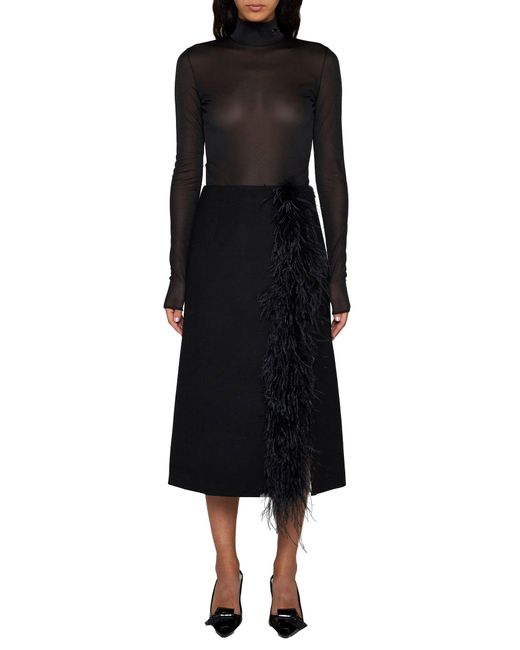 Prada Abbigliamento Black Feathers Wool Midi Skirt