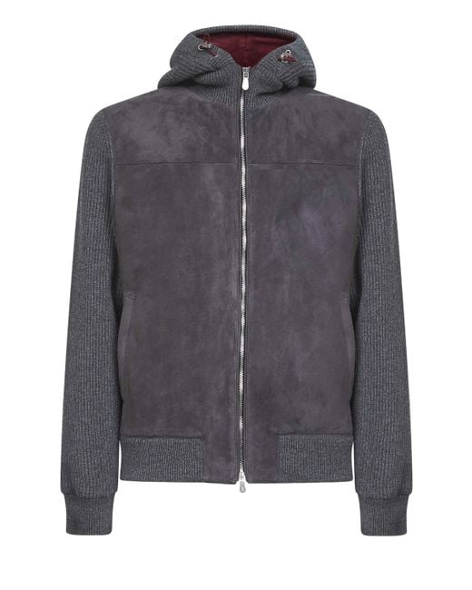 Brunello Cucinelli Gray Suede And Knit Hooded Jacket for men