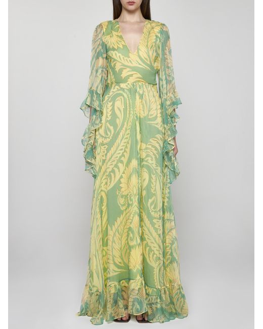 Etro Green Print Silk Long Dress