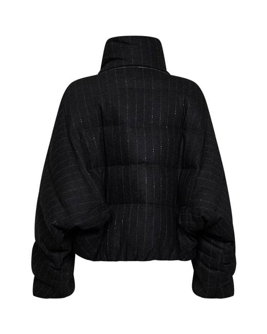 Brunello Cucinelli Black Anthracite Sequin Pinstriped Wool-Blend Puffer Jacket