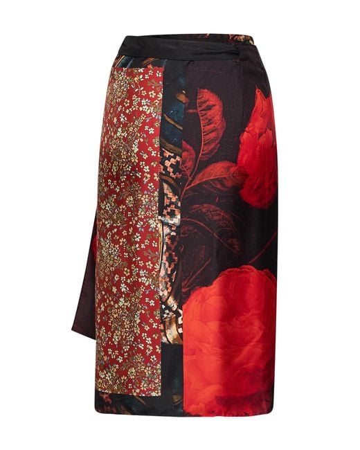 Dries Van Noten Red Flemish Painting-Print Silk Scarfy Scarf-Style Midi Skirt