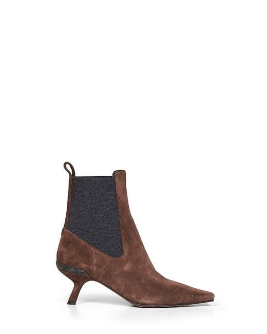 Brunello Cucinelli Brown Espresso Suede Heeled Ankle Boots With Precious Details