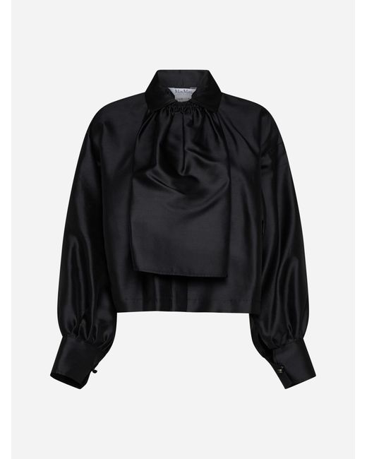 Max Mara Black Callas Ruched Silk And Cotton-blend Shirt