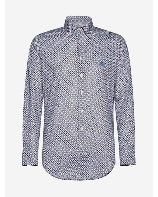 Etro Blue Geometric Print Cotton Shirt for men