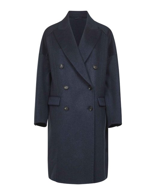 Brunello Cucinelli Blue Cashmere Double-Breasted Cocoon Coat