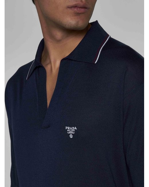 Prada Blue Silk And Cotton Polo Shirt for men