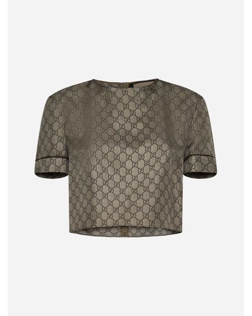 Gucci Gray GG Print Silk Cropped T-shirt