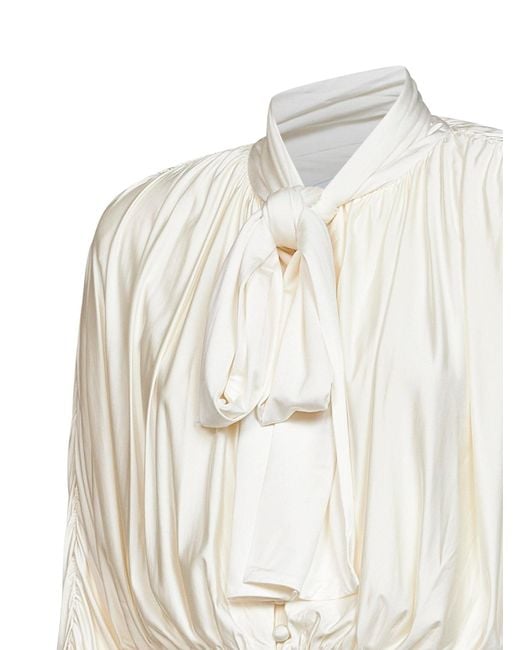 Self-Portrait White Cream Jersey Gathered Tie Neck Top