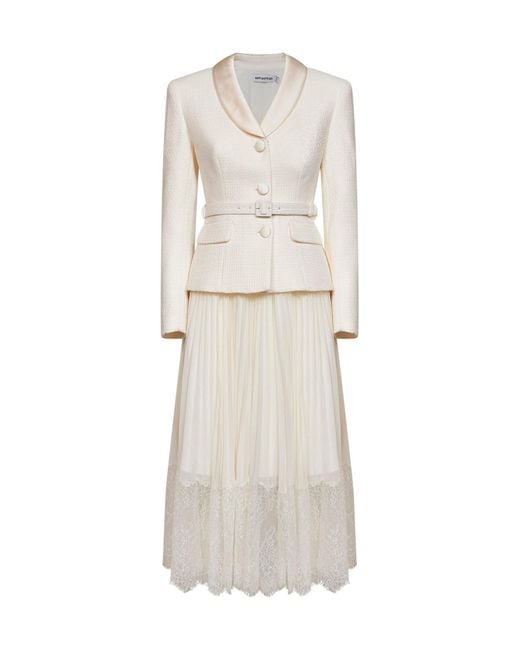 Self-Portrait White Self Portrait Cream Georgette And Bouclé Belted Midi Dress