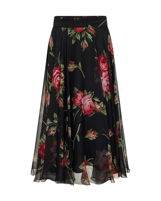 Dolce & Gabbana Black Rose Bouquet Printed Chiffon Midi Full Skirt