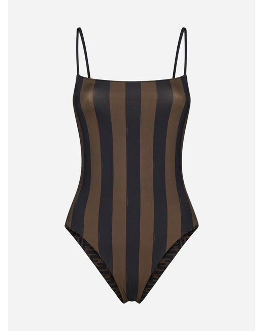 Fendi Black Ff And Striped Reversibile Swimsuit
