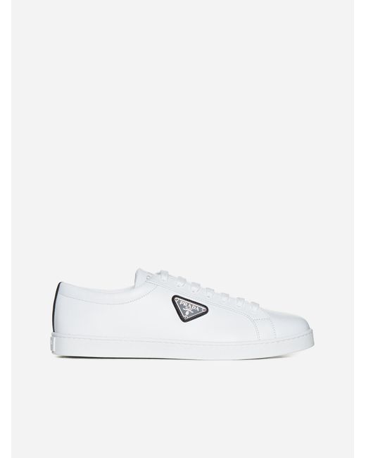 Prada White Logo-plaque Leather Sneakers for men