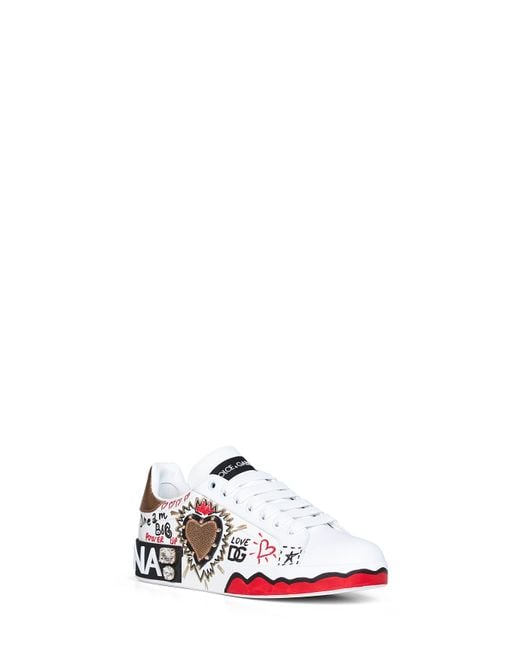Dolce & Gabbana White Hand-Painted Leather Portofino Low-Top Sneakers
