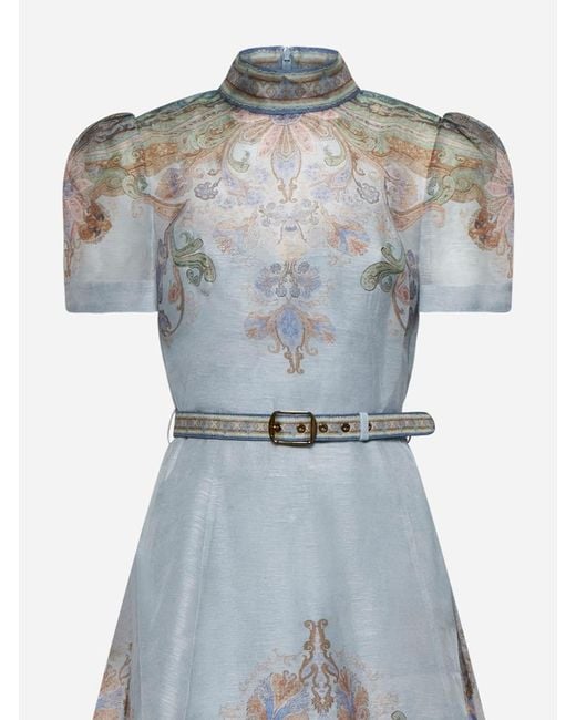Zimmermann Eden Silk And Linen Belted Midi Dress in Gray | Lyst