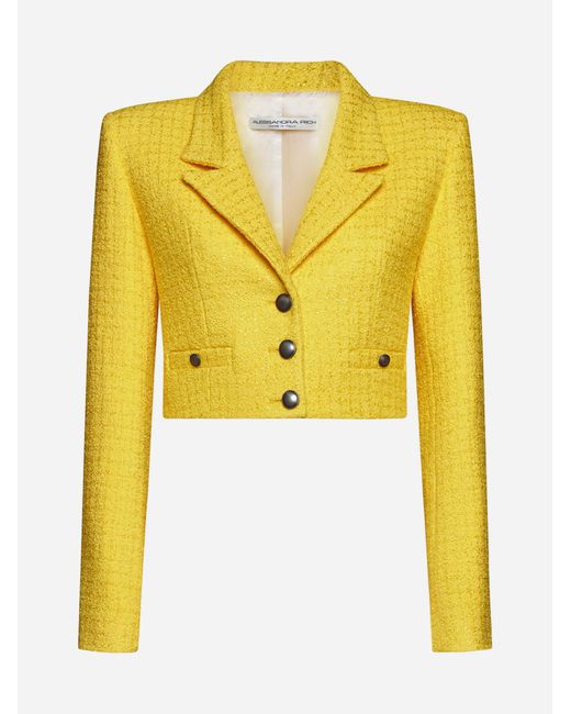 Alessandra Rich Yellow Sequin Check Tweed Crop Blazer