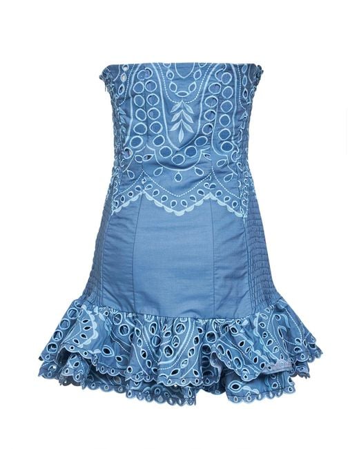 Charo Ruiz Blue Light Embroidered Cotton Blend Salty Bustier Mini Dress