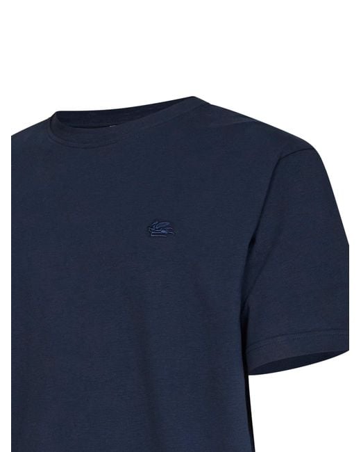 Etro Blue Cotton Logo-Embroidered T-Shirt for men
