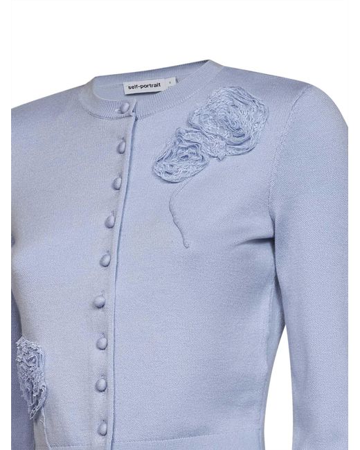 Self-Portrait Blue Knit Cardigan With Flowers Detail