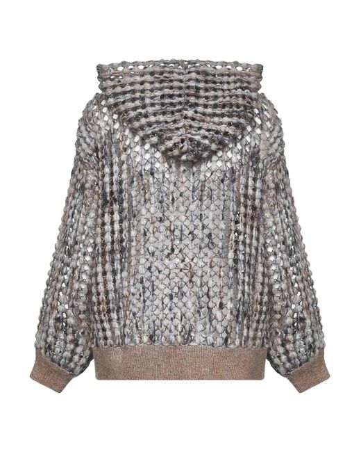 Cardigan Con Zip E Cappuccio Balloon Net Embroidery di Brunello Cucinelli in Gray
