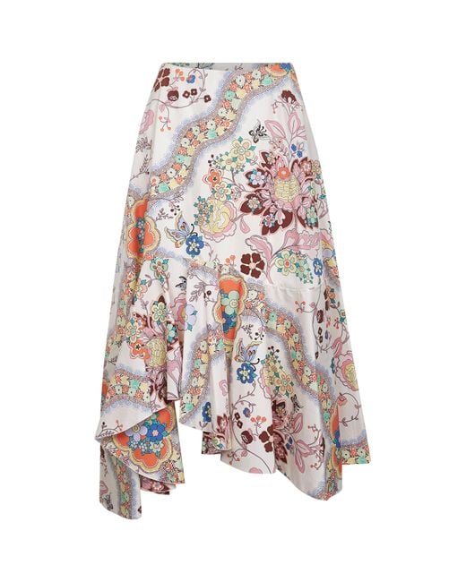 Etro White Floral And Butterfly Print Cotton Asymmetric Midi Skirt