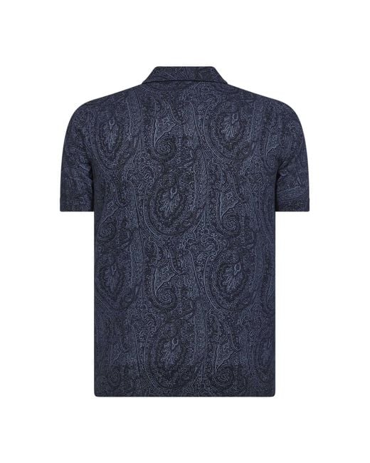 Etro Blue Paisley-Pattern Cotton-Silk Blend Knit Polo Shirt for men