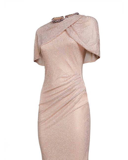 Self-Portrait Pink Champagne Rhinestone Stretch Tulle Maxi Dress