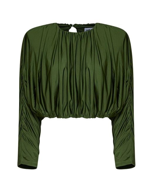 Self-Portrait Green Jersey Gathered Cropped Top