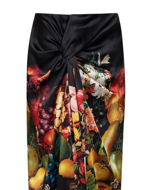 Dries Van Noten Black Flemish Painting-Print Silk Suma Draped Skirt