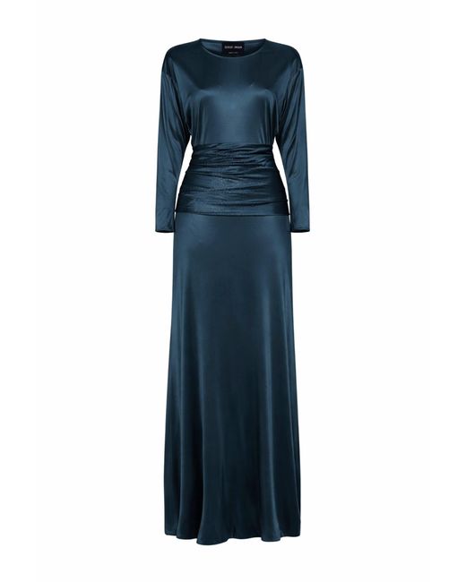 Giorgio Armani Blue Asv Viscose Jersey Long Dress With Rhinestone Band