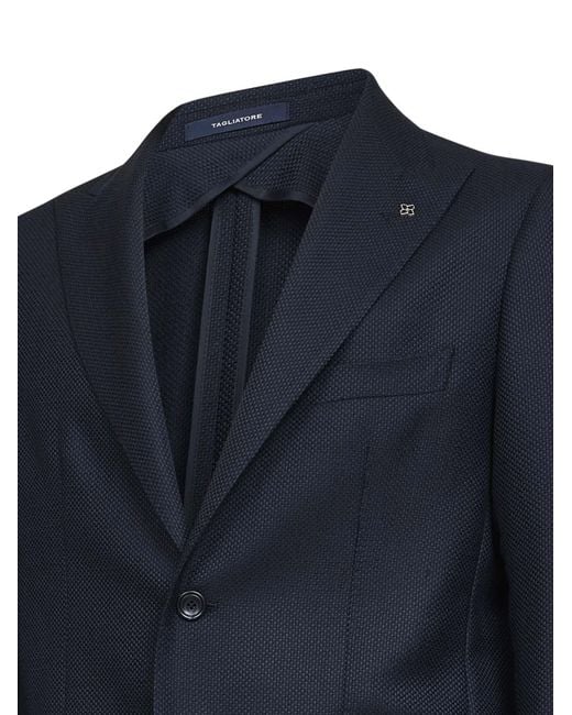 Tagliatore Blue Jacquard Virgin Wool Single-Breasted Blazer for men