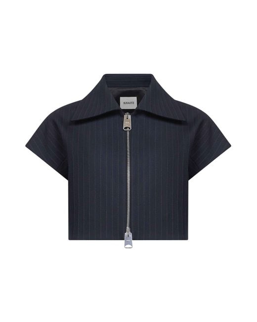 Khaite Blue Robin Pinstriped Suiting Zip-Up Top