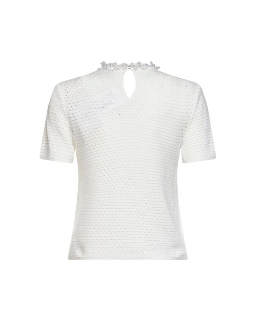 Self-Portrait White Cream Openwork Knit Top With Bead Embroidery