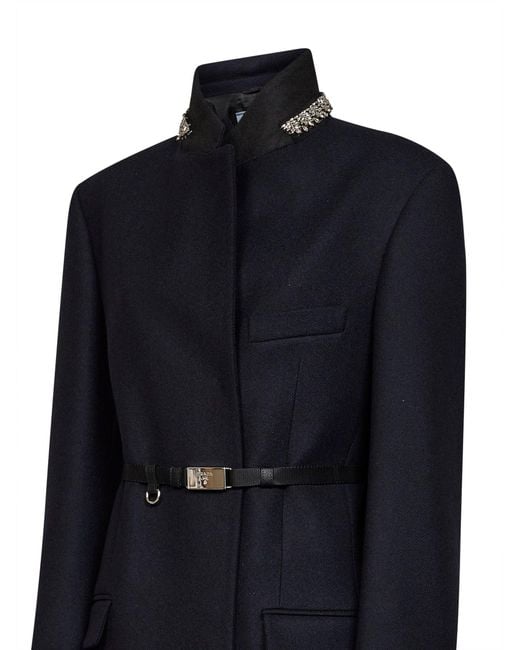 Prada Abbigliamento Blue Virgin Wool Embroidered Belted Coat