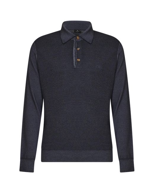 Etro Blue Two-Tone Wool Knit Logo-Embroidered Polo Shirt for men