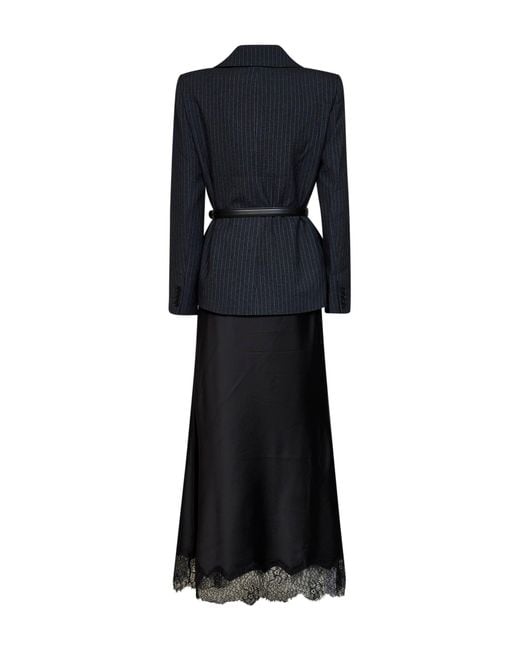 Self-Portrait Black Tailored Dress With Pinstriped Blazer And Satin Skirt