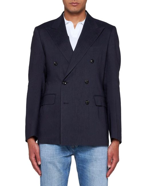 Tagliatore Blue Linen And Wool-Blend Double-Breasted Blazer for men