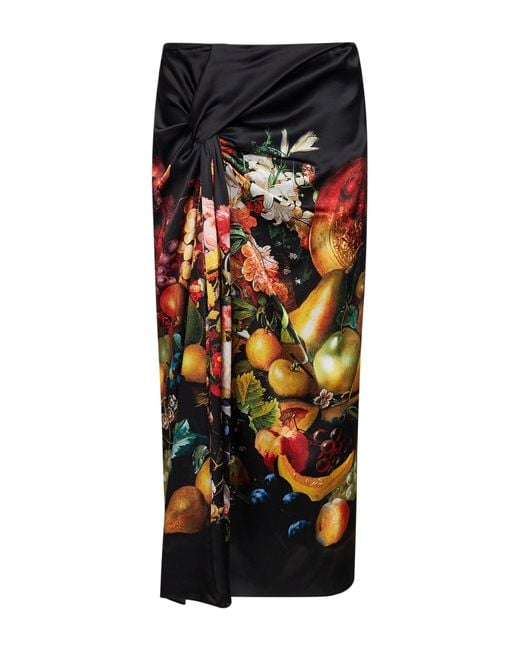 Dries Van Noten Black Flemish Painting-Print Silk Suma Draped Skirt