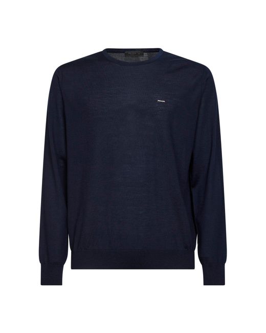 Prada Abbigliamento Blue Superfine Wool Knit Crewneck Sweater for men
