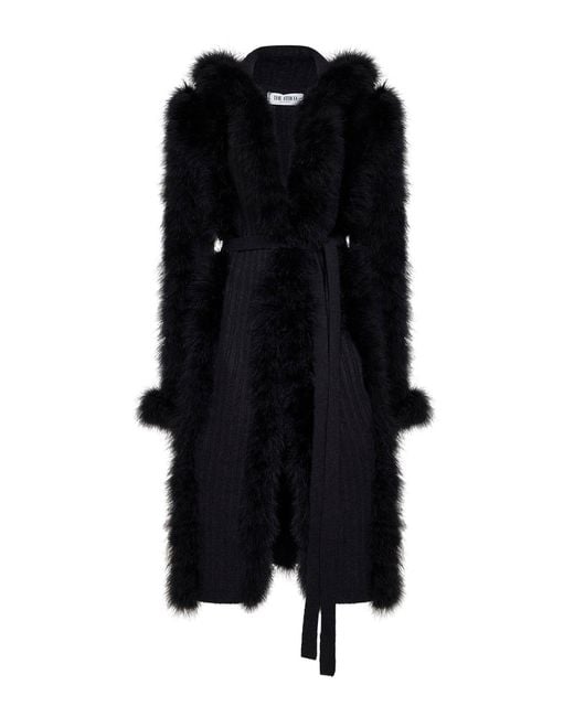 The Attico Black Knit And Feathers Long Belted Cardigan