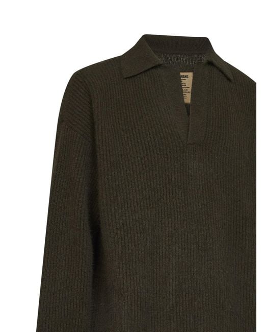 Uma Wang Green Army Ribbed Cashmere Knit Long-Sleeved Polo Shirt for men