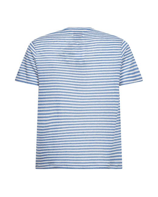 Mc2 Saint Barth Blue Light And Cream Striped Linen Blend Logo Embroidered Dover T-Shirt for men
