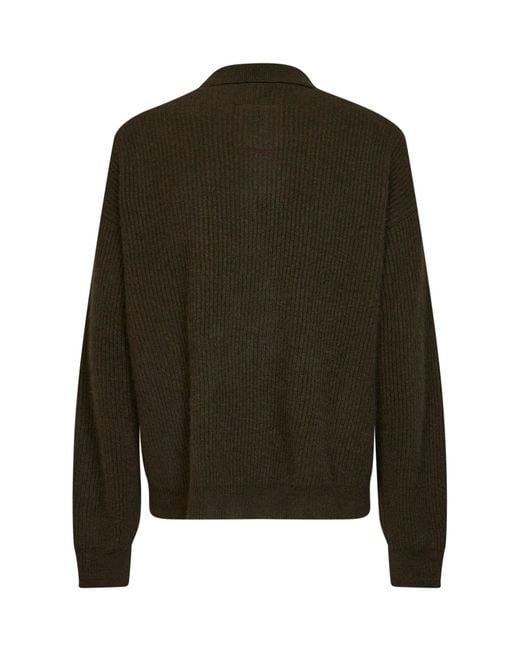 Uma Wang Green Army Ribbed Cashmere Knit Long-Sleeved Polo Shirt for men