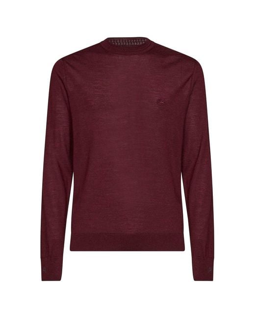 Etro Purple Burgundy Wool And Silk Pegaso-Embroidered Sweater for men