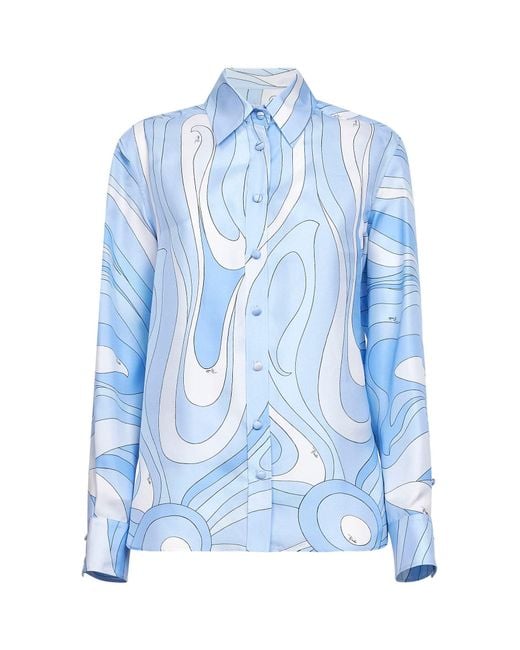 Emilio Pucci Blue Pale Marmo-Print Silk Twill Shirt