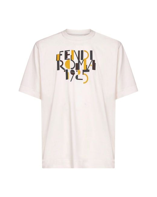 Fendi White Ivory Cotton Roma 1925 Printed T-Shirt for men